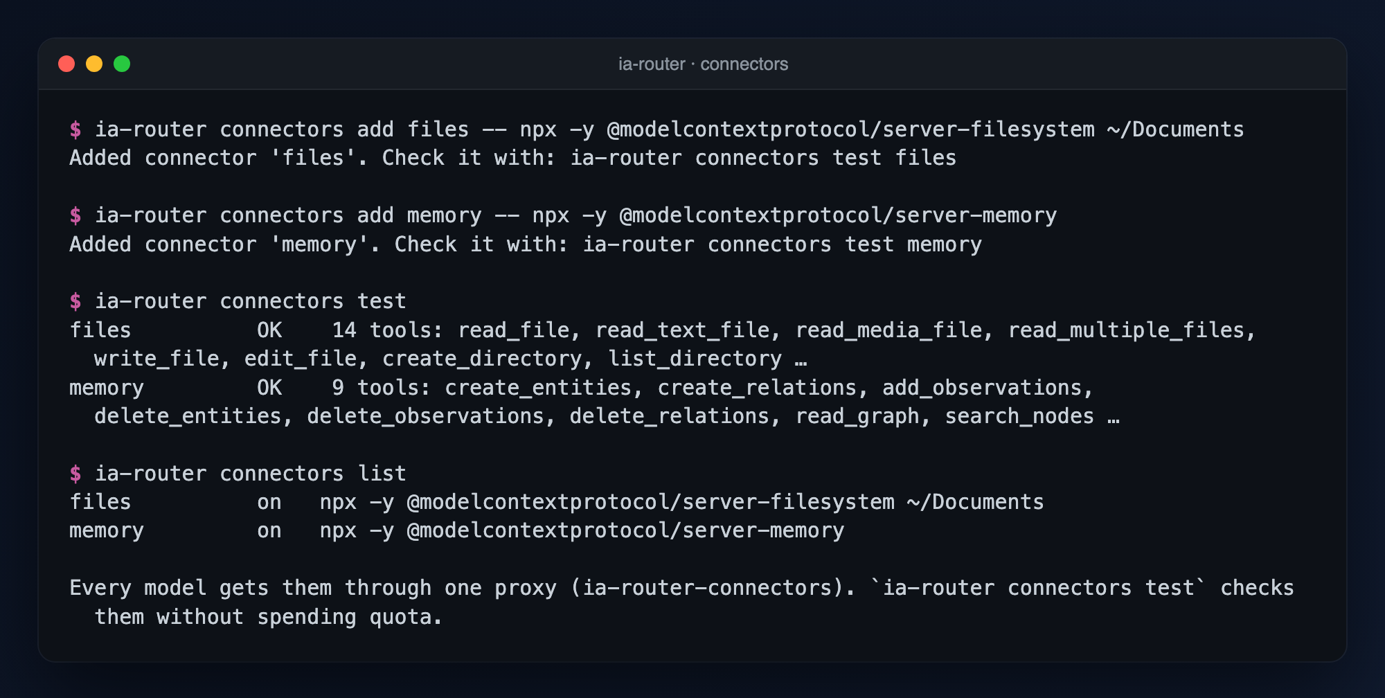 Terminal registering two official MCP servers (filesystem and memory), testing them with connectors test and listing them