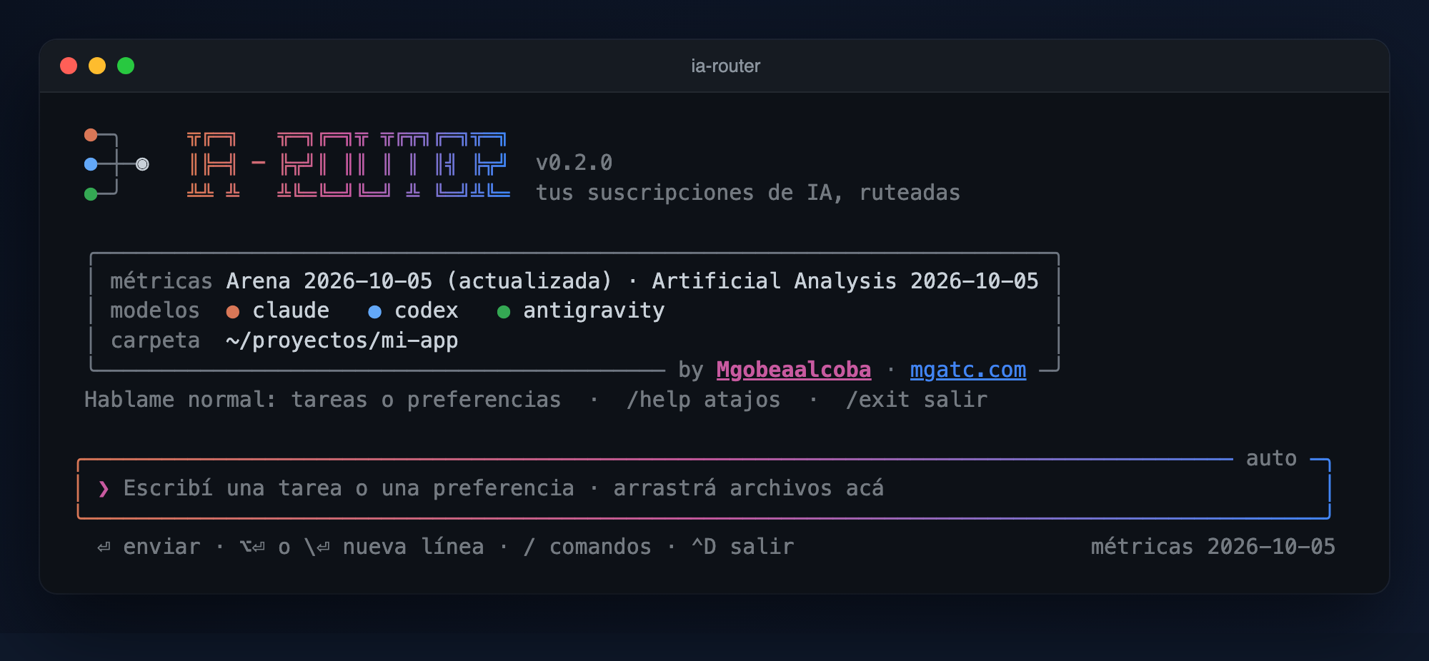 Terminal con el encabezado de ia-router: logo, fecha de las métricas de Arena y Artificial Analysis, los tres modelos disponibles y el cuadro de entrada