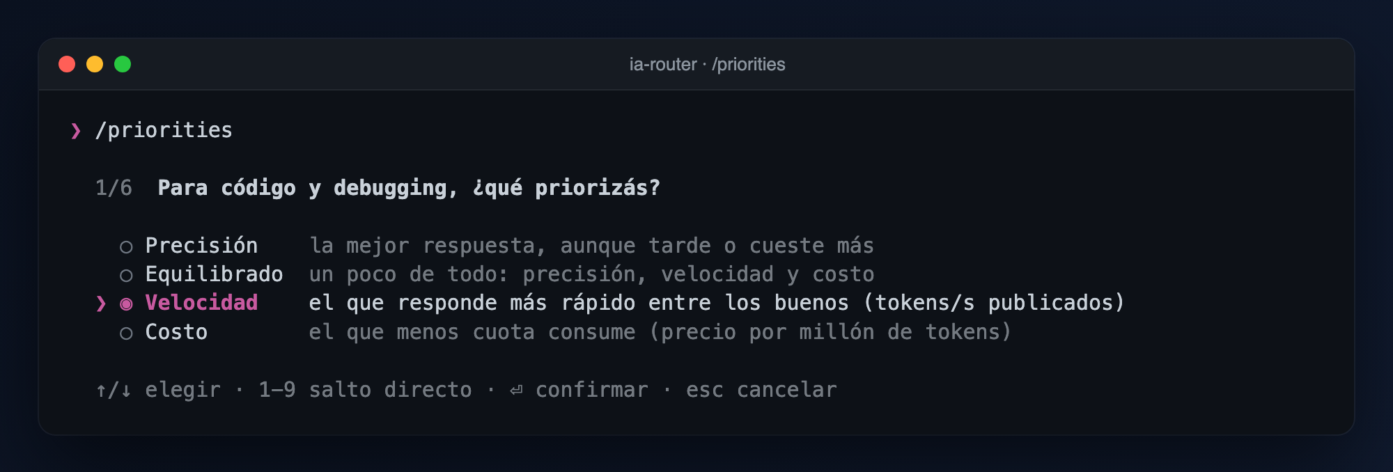 Terminal con la pregunta «Para código y debugging, ¿qué priorizás?» y cuatro opciones: precisión, equilibrado, velocidad y costo